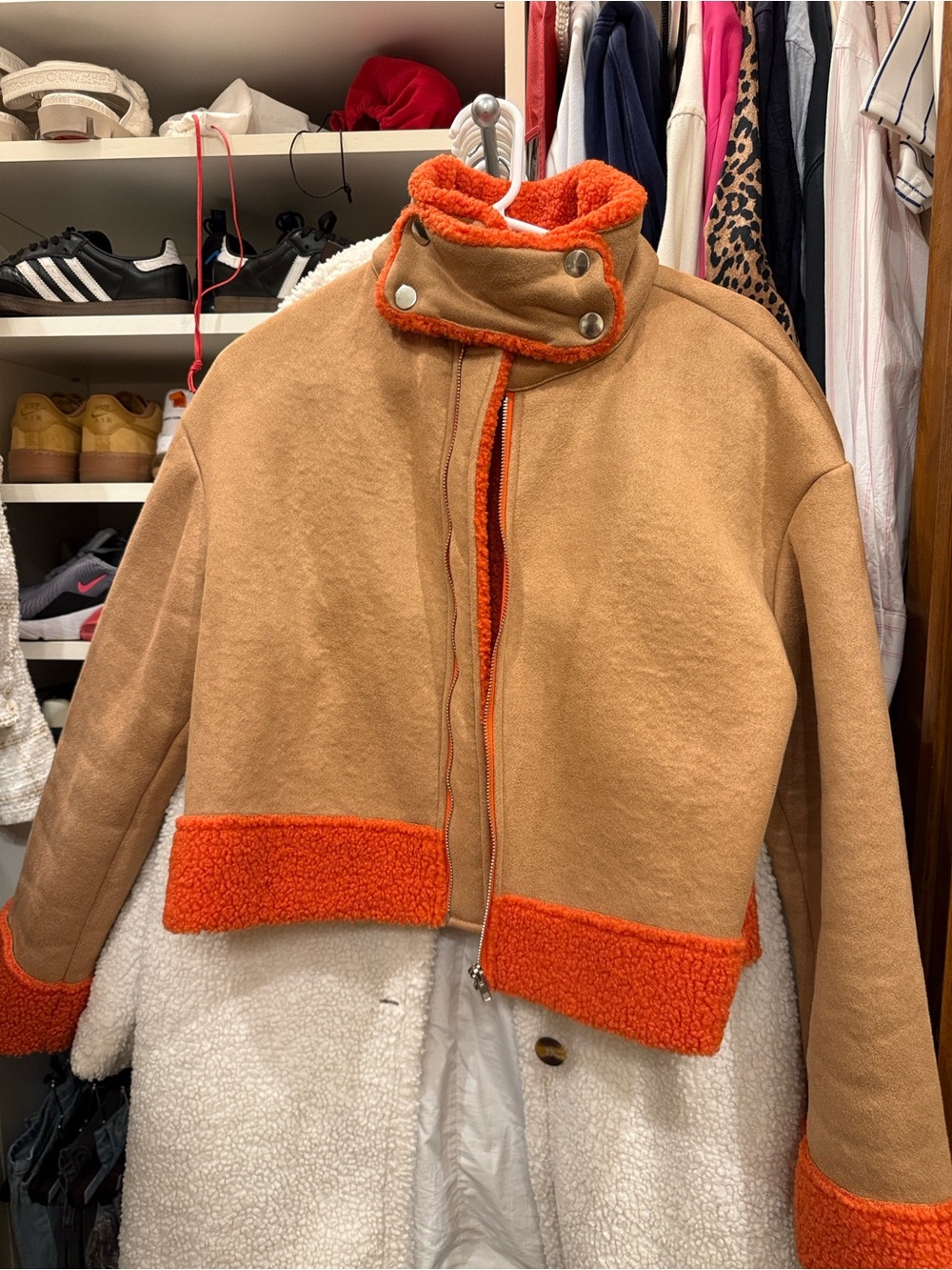SHEIN Tan Jacket with Bright Orange Sherpa Trim